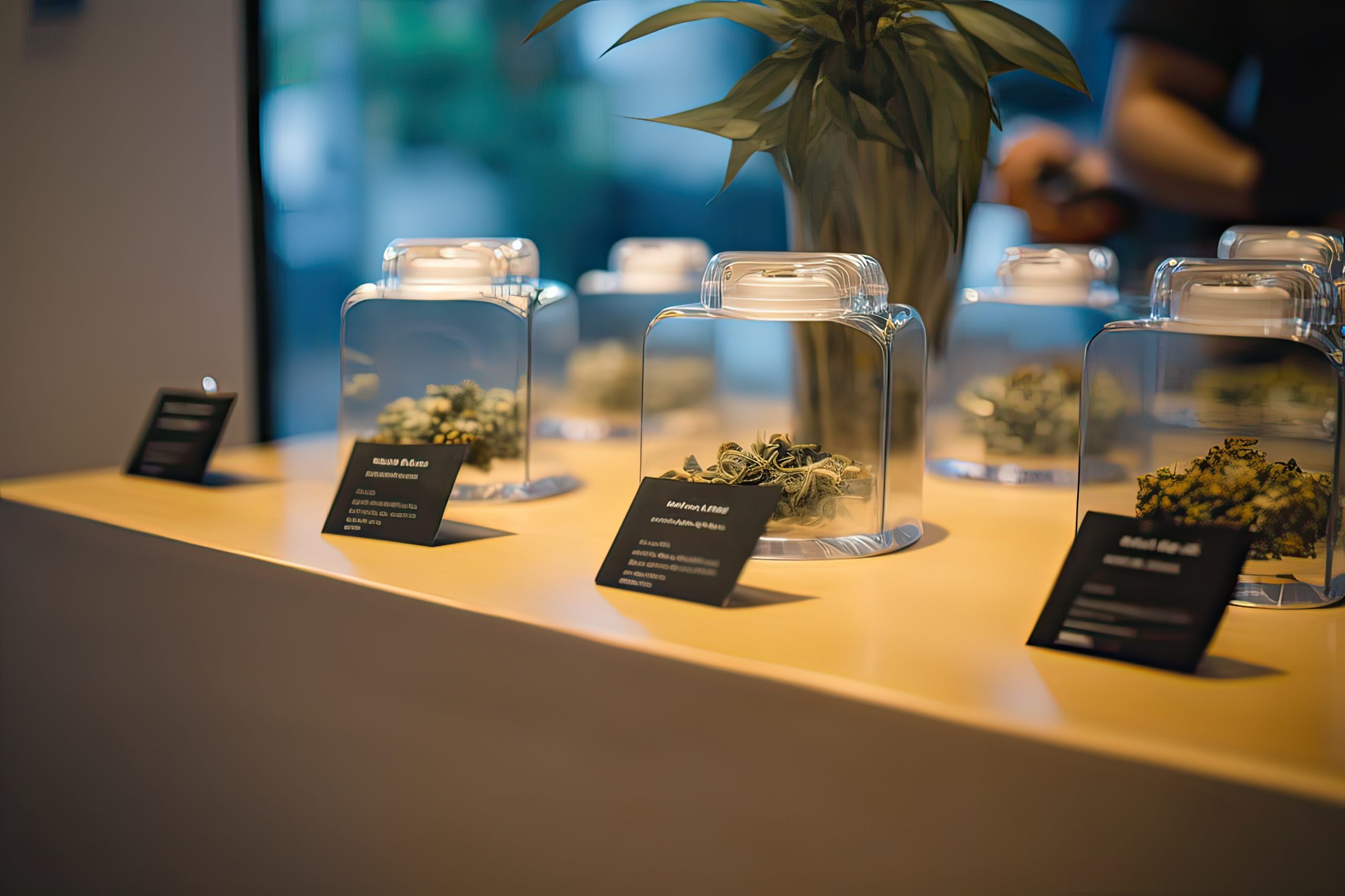 Store displaying various cannabis flower samples, medicinal marijuana